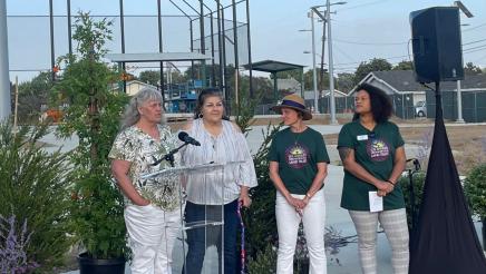 Activist at podium, with other activists alongside