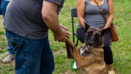 Constituent holding dog's front paws