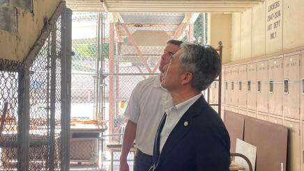 Asm. Muratsuchi and school staffer inspecting staircase