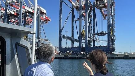 Asm. Muratsuchi listens on as guide speaks; both observing cranes