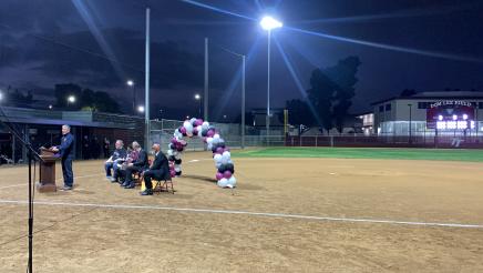 Asm. Muratsuchi at podium in front of home base, with wide view of field