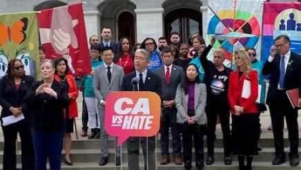 Asm. Muratsuchi with First Partner Jennifer Siebel Newsom and other supporters on State Capitol steps