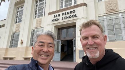 Asm. Muratsuchi with principal Raymond Aubel in front of San Pedro High School