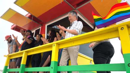 Close-up of Asm. Muratsuchi and others on Pride Lifeguard Tower