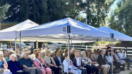 Large audience seated under canopy tents