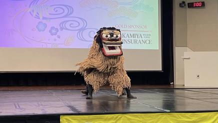 Performer onstage in dragon costume