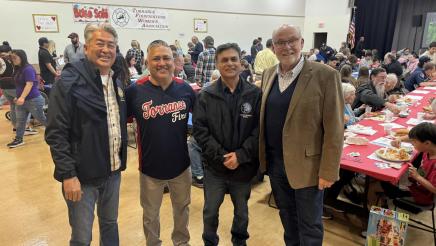 Asm. Muratsuchi with Torrance firefighter, Councilmember Sheikh and attendee