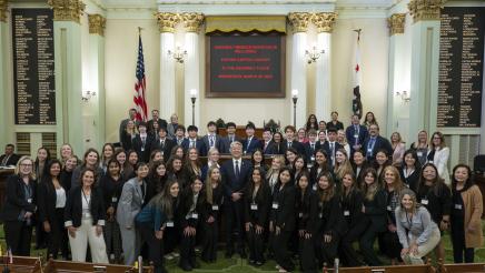 Group photo of Asm. Muratsuchi and PVPUSD members on the Assembly Floor
